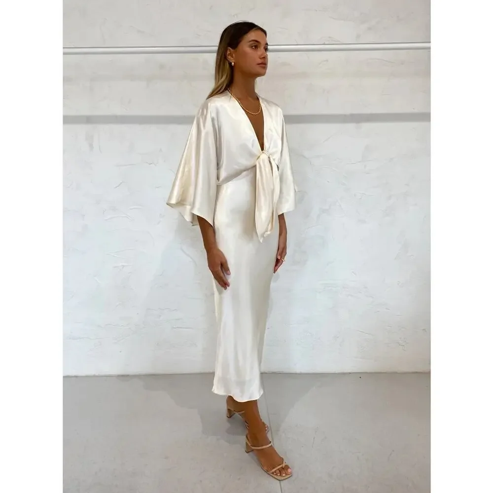 Shona Joy La Lune Tie Front Bias Midi Dress Cream - Picture 3 of 14